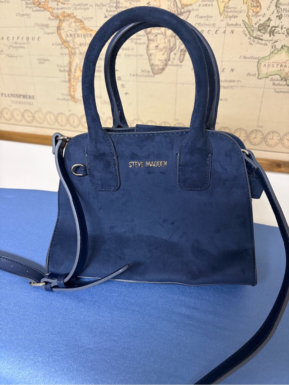 Steve Madden Navy Suede Top-Handle Satchel with Crossbody Strap